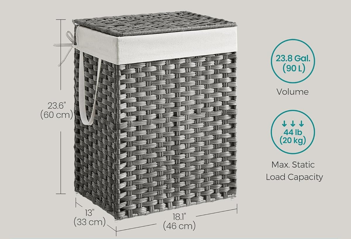 SONGMICS Cos rufe cu capac, ratan sintetic si sac detasabil, 90 L, 46x33x60 cm, gri [9]