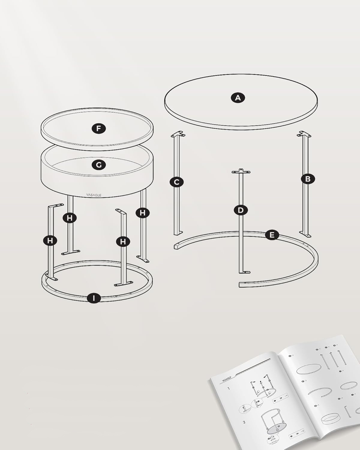VASAGLE Set 2 masute cafea, cu blat detasabil si spatiu de depozitare ascuns, 45x45x42 cm, culoare nuc [6]