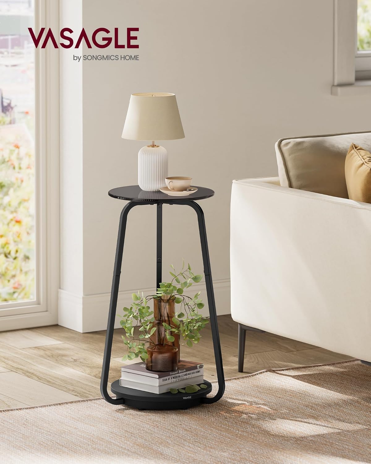 VASAGLE Masuta rotunda tip noptiera, blat din sticla si raft inferior din PAL, cadru metalic, 30x30x55 cm, negru [5]