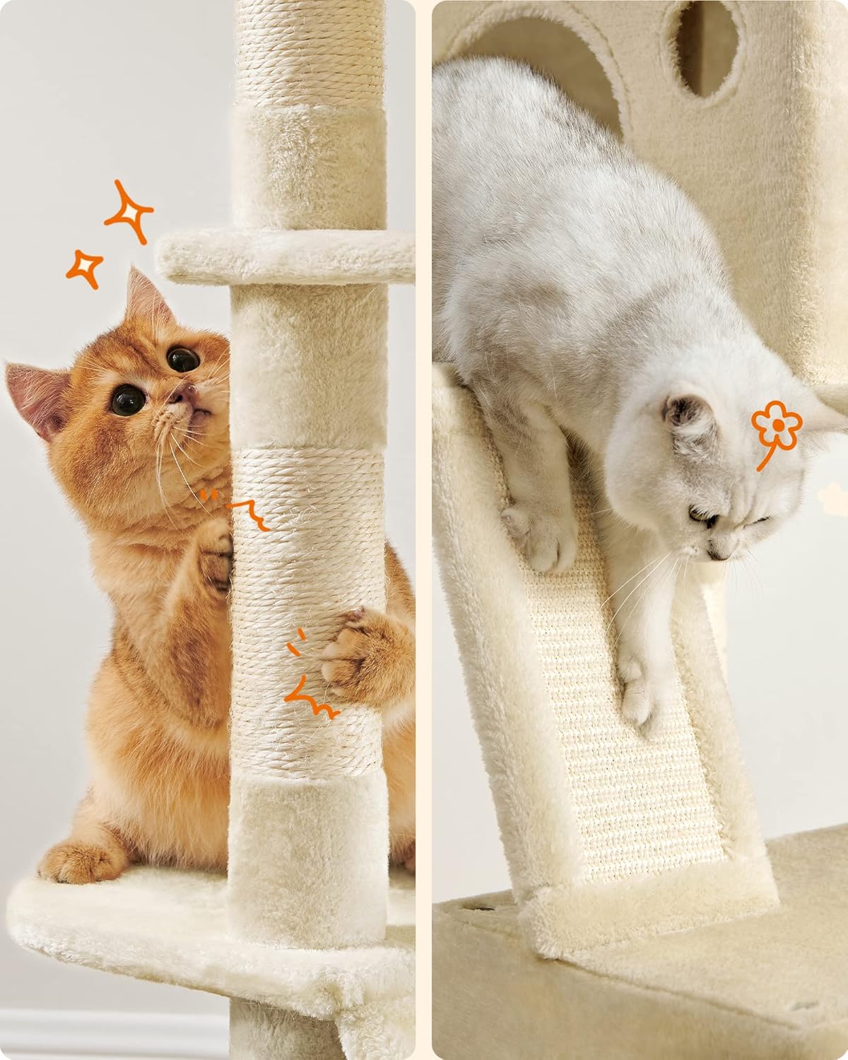 FEANDREA Ansamblu de joaca pentru pisici, tip copac, XXL, 13 stalpi de zgariat, 2 ascunzatori, 60x50x206cm, bej [4]