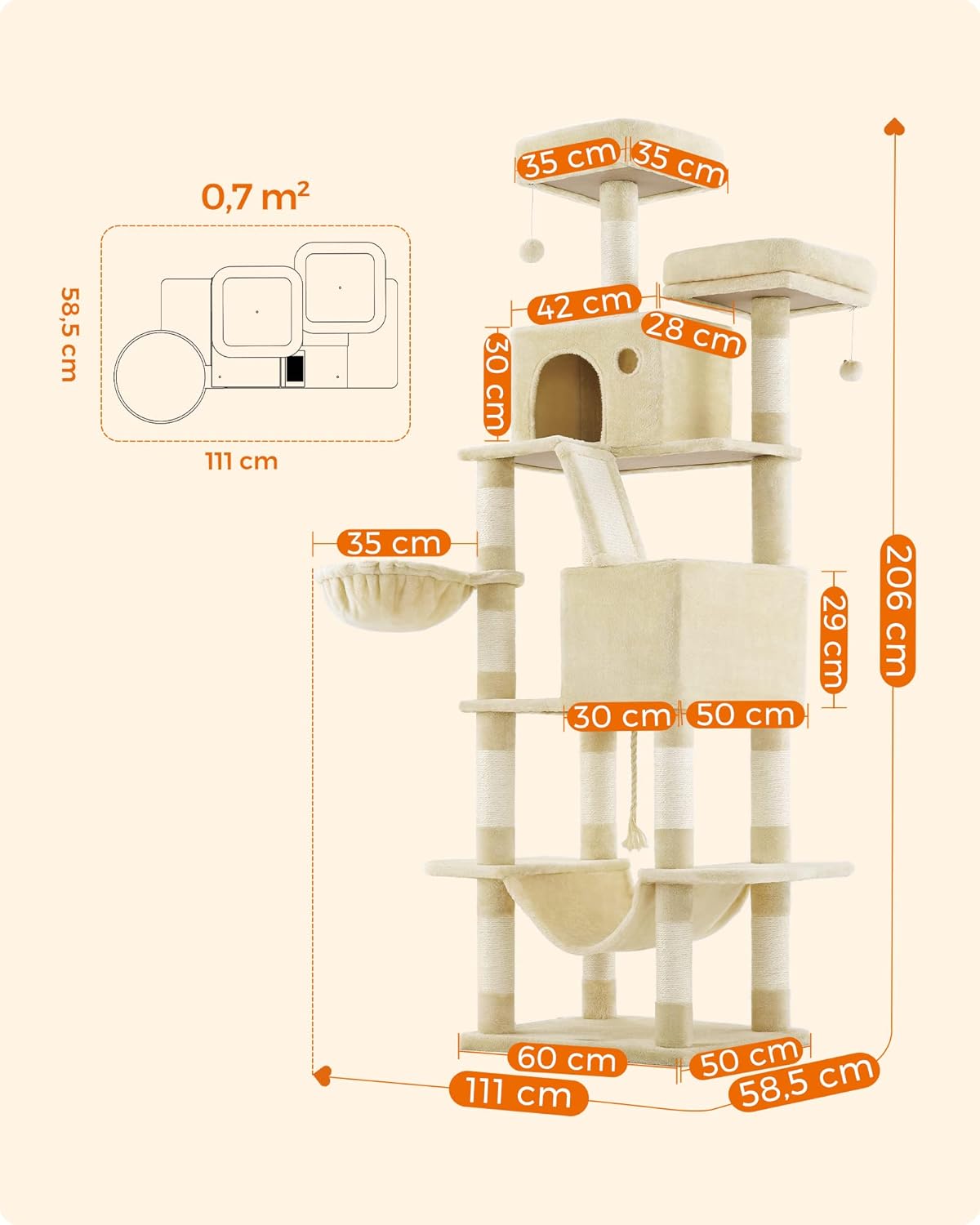 FEANDREA Ansamblu de joaca pentru pisici, tip copac, XXL, 13 stalpi de zgariat, 2 ascunzatori, 60x50x206cm, bej [5]