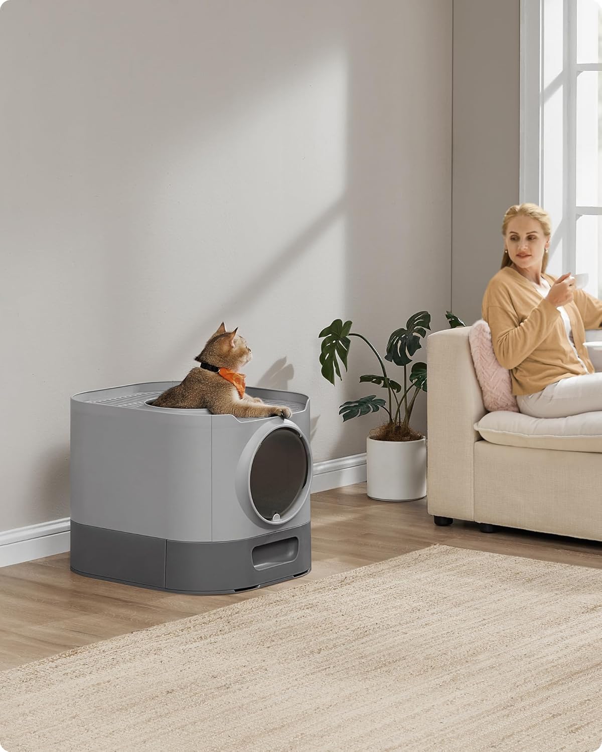 FEANDREA Litiera pisici XL cu 2 cai de acces, tava glisanta curaare rapida, 54x43x40 cm, gri [3]