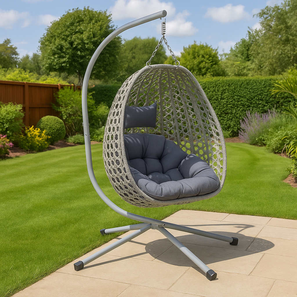 Leagan tip cuib suspendat, cu perna, cadru metalic si cos PE, 103x95x185 cm, gri [8]