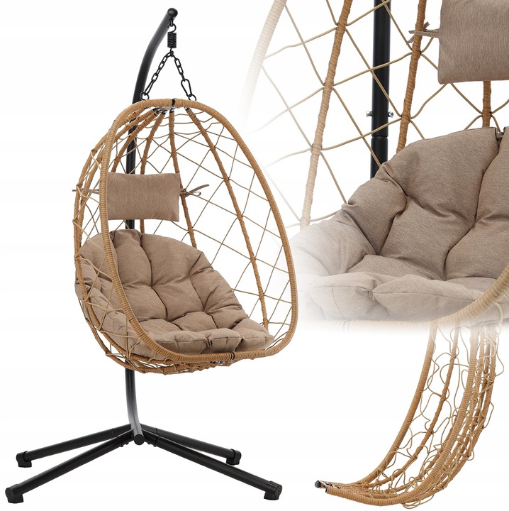 Leagan tip cuib suspendat, cu perna, cadru metalic si cos PE, 103x95x185 cm, maro [3]