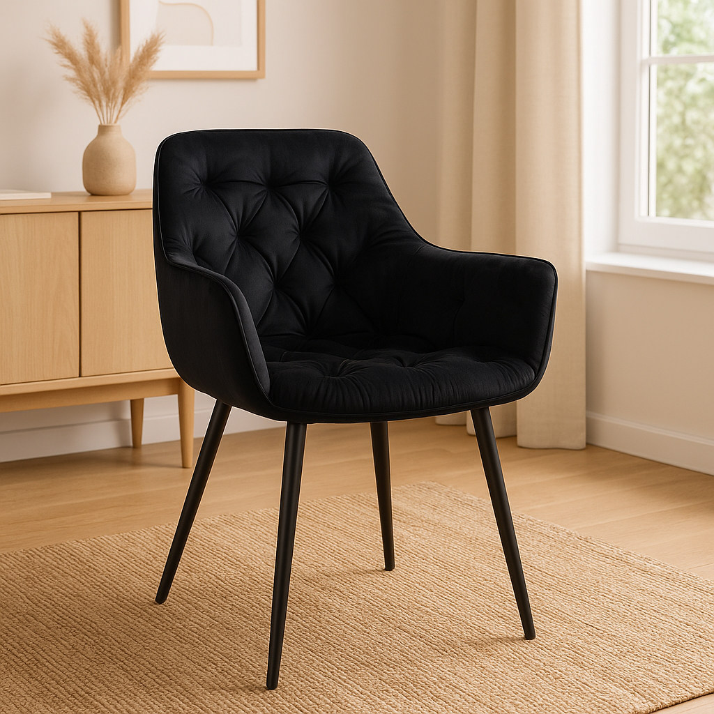 Fotoliu catifea tapitat, cu spatar inalt si design cu cusaturi, 55x60x89 cm, negru [2]