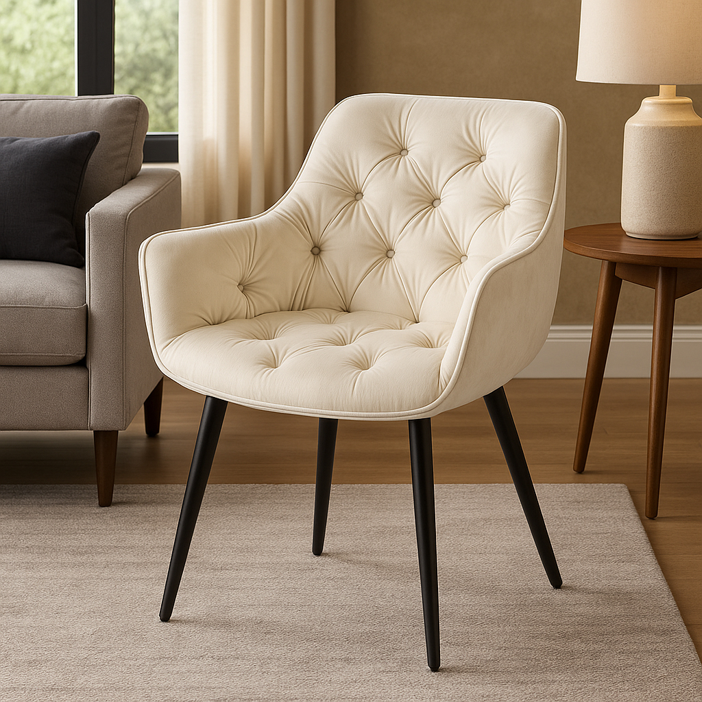 Fotoliu catifea tapitat, cu spatar inalt si design cu cusaturi, 55x60x89 cm, bej [2]