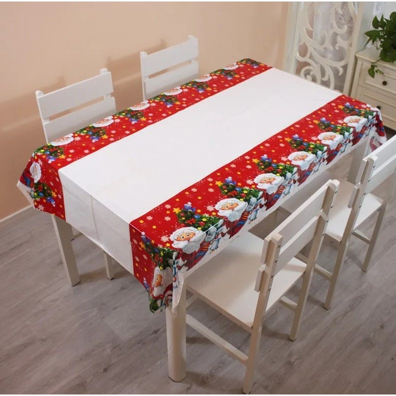 Perne Voiaj, Paturi si Textile - Fata de masa dreptunghiulara , PVC, 2.5 mm grosime, imprimeu Mos Craciun cu iepuras, potrivit pentru Craciun, utilizare multipla, 180 x 108 cm, alb