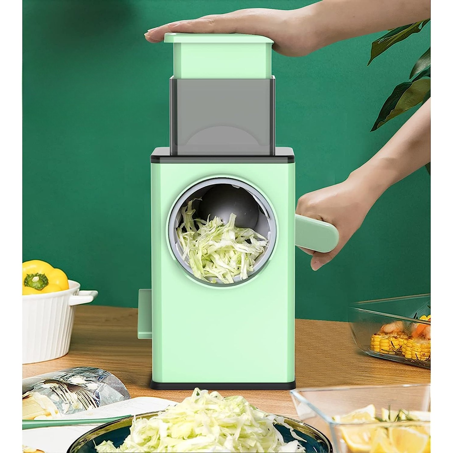 Feliator manual pentru legume , 3 lame din otel inxodabil, 3 tipuri de feliere, material carcasa ABS, latime maxima feliere 4 mm, baza de tip ventuza, usor si sigur de utilizat, 28.5 x 9,2 x 13.5 cm, verde [9]