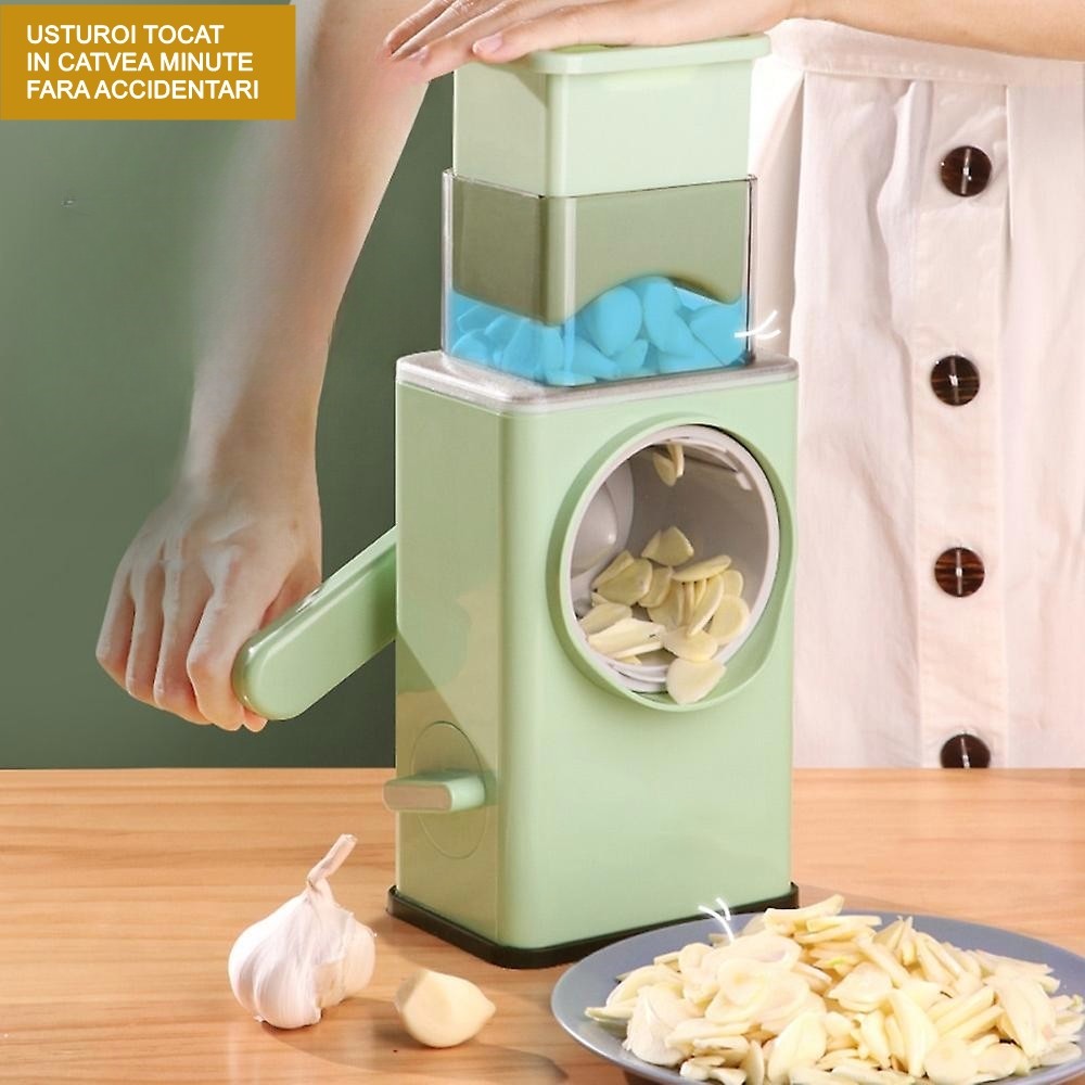 Feliator manual pentru legume , 3 lame din otel inxodabil, 3 tipuri de feliere, material carcasa ABS, latime maxima feliere 4 mm, baza de tip ventuza, usor si sigur de utilizat, 28.5 x 9,2 x 13.5 cm, verde [6]