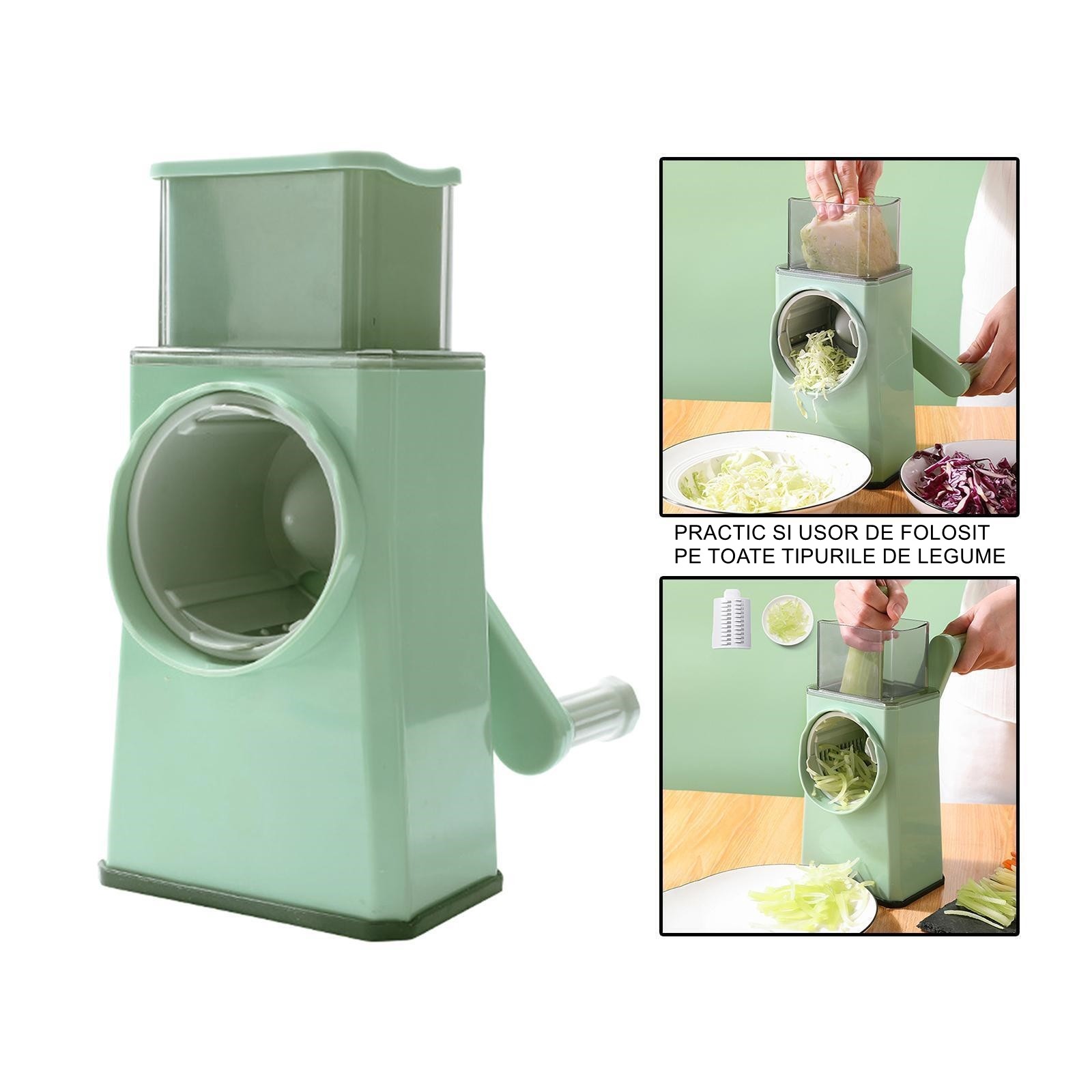 Feliator manual pentru legume , 3 lame din otel inxodabil, 3 tipuri de feliere, material carcasa ABS, latime maxima feliere 4 mm, baza de tip ventuza, usor si sigur de utilizat, 28.5 x 9,2 x 13.5 cm, verde [7]