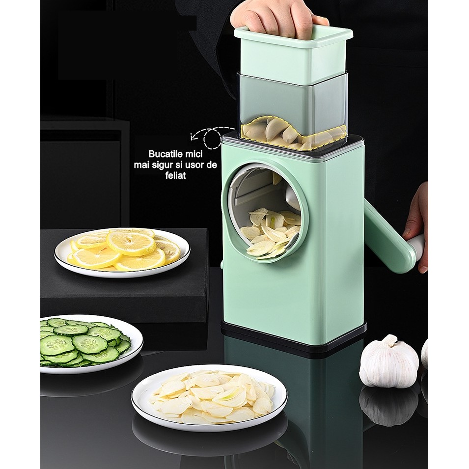 Feliator manual pentru legume , 3 lame din otel inxodabil, 3 tipuri de feliere, material carcasa ABS, latime maxima feliere 4 mm, baza de tip ventuza, usor si sigur de utilizat, 28.5 x 9,2 x 13.5 cm, verde [2]