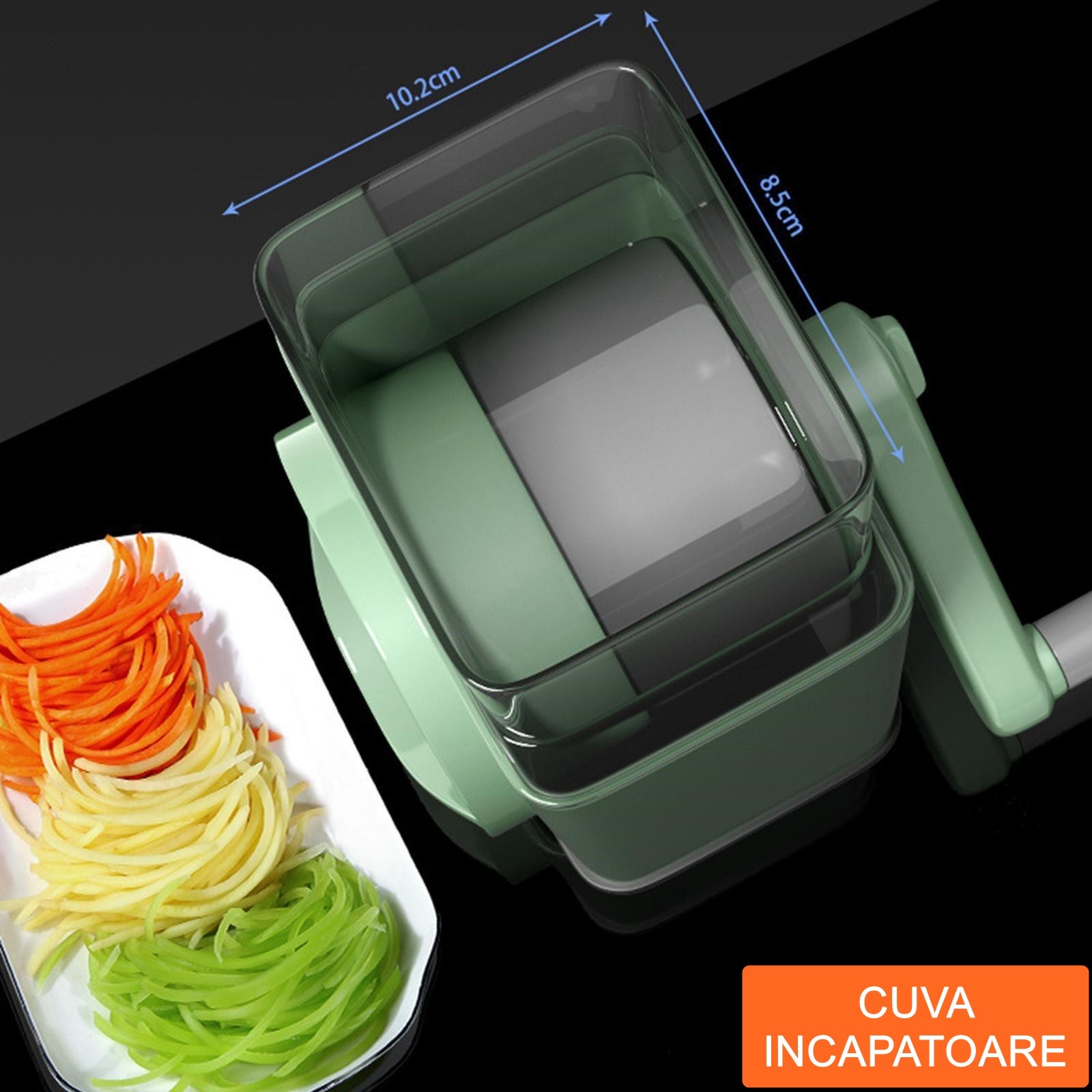 Feliator manual pentru legume , 3 lame din otel inxodabil, 3 tipuri de feliere, material carcasa ABS, latime maxima feliere 4 mm, baza de tip ventuza, usor si sigur de utilizat, 28.5 x 9,2 x 13.5 cm, verde [5]