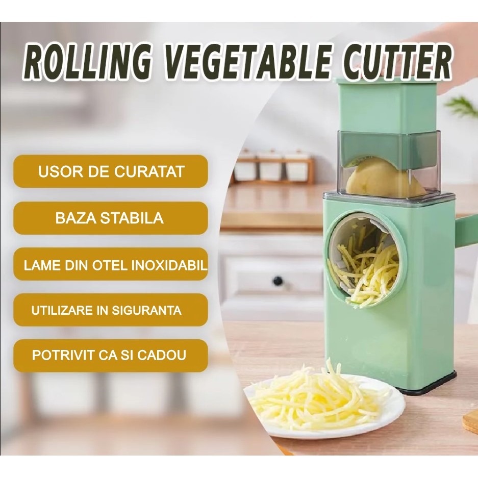 Feliator manual pentru legume , 3 lame din otel inxodabil, 3 tipuri de feliere, material carcasa ABS, latime maxima feliere 4 mm, baza de tip ventuza, usor si sigur de utilizat, 28.5 x 9,2 x 13.5 cm, verde [8]