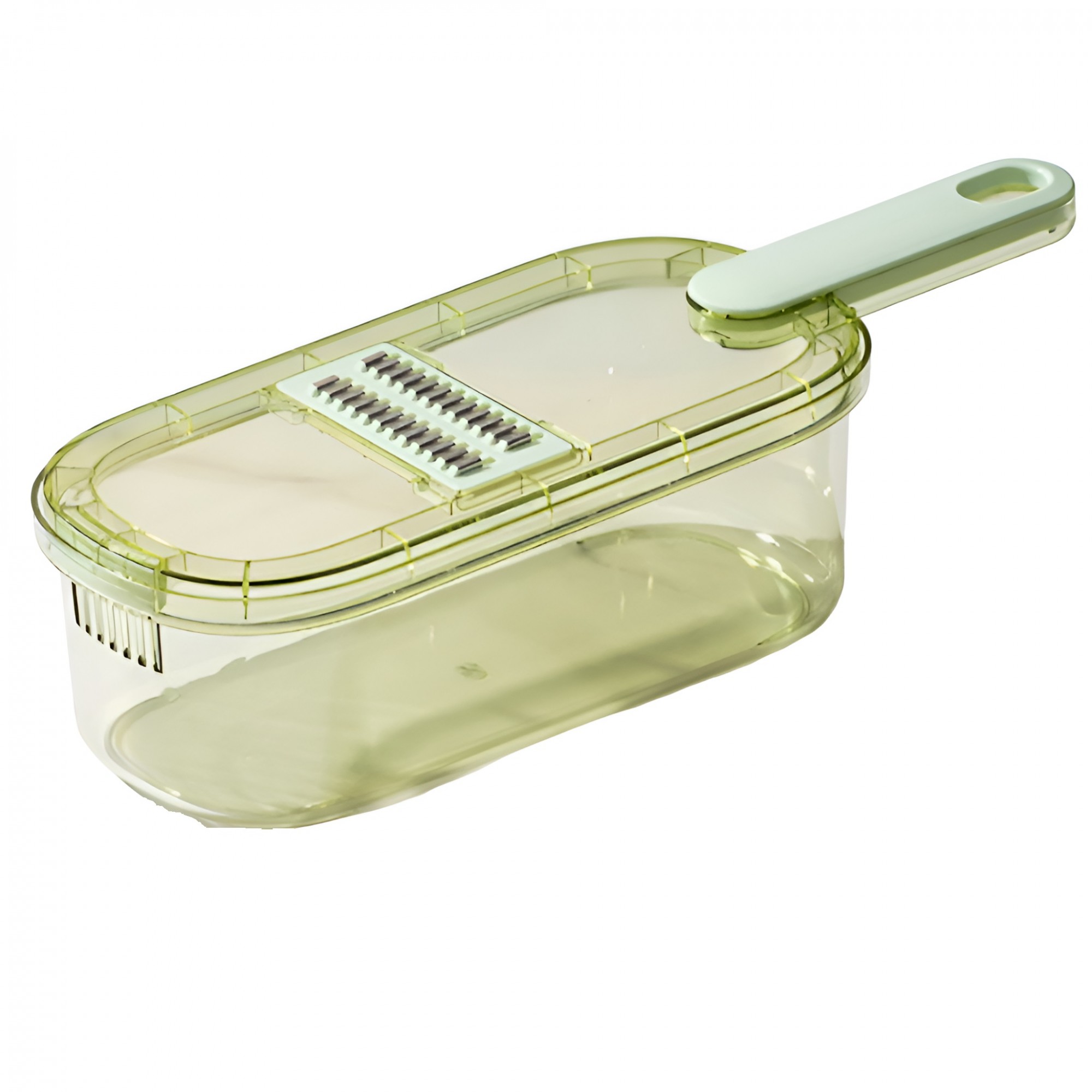 Ustensile pentru Bucătărie - Feliator Multifunctional, , 6 in 1, pentru Fructe si Legume, 9 Piese, Maner, Lame de Inox, Recipient Stocare, Protectie Mana, ABS, 35x12x9.4 cm, Verde