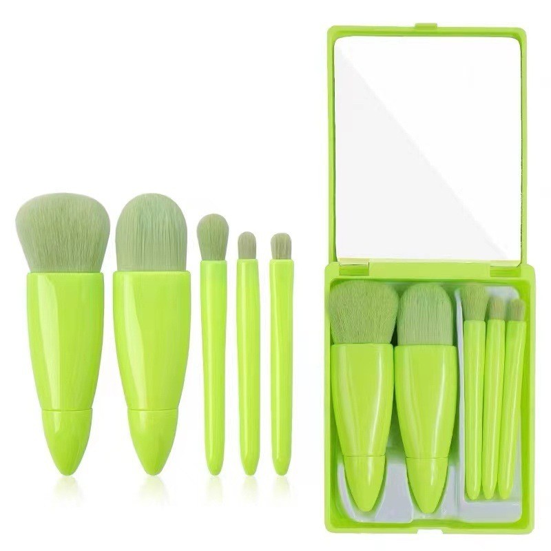 Set 5 Mini Pensule de Machiaj, , Portabile, in Carcasa cu Oglinda, din Par Sintetic Moale, Verde Lime, 12x7x2.5 cm [1]