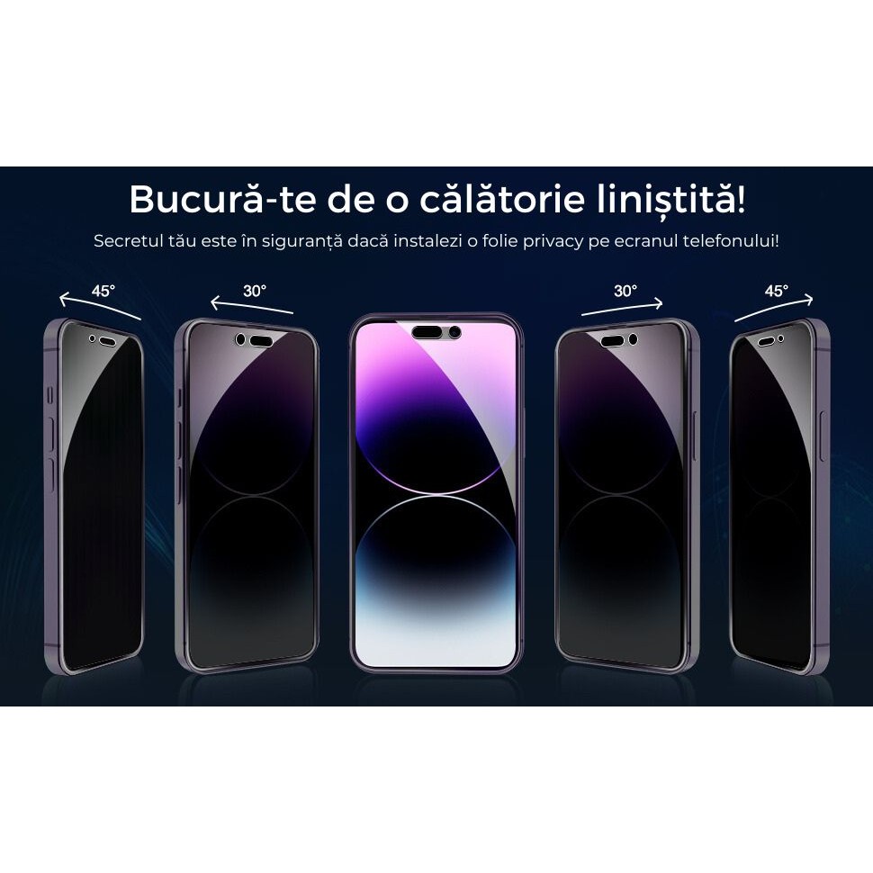 Folie Sticla Securizata, , Pentru Apple iPhone 16 Pro, Privacy Classic, 2.5D, Confidentialitate 30°, Negru Transparent [8]