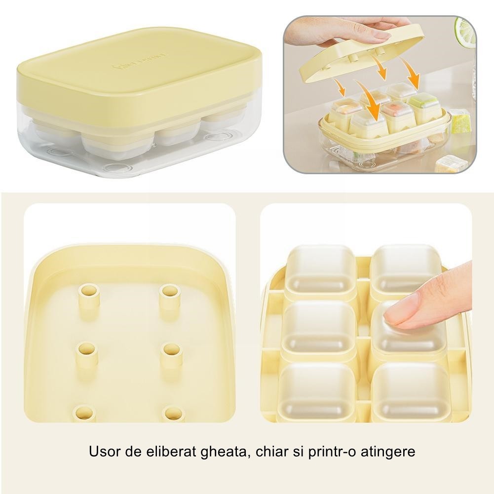 Forma pentru gheata cu presa , din silicon alimentar, 6 cuburi, caserola pentru depozitare, usor de folosit si curatat, 10.5 x 7.5 x 4.1 cm, galben [4]