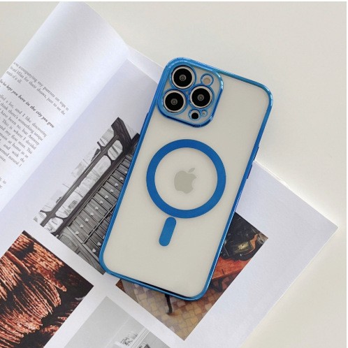 Husa MagSafe pentru Apple iPhone 14 Pro Max, Protectie camera, Full TPU, Margini colorate Electroplating, Magnetica, Incarcare Wireless, , Albastru [4]