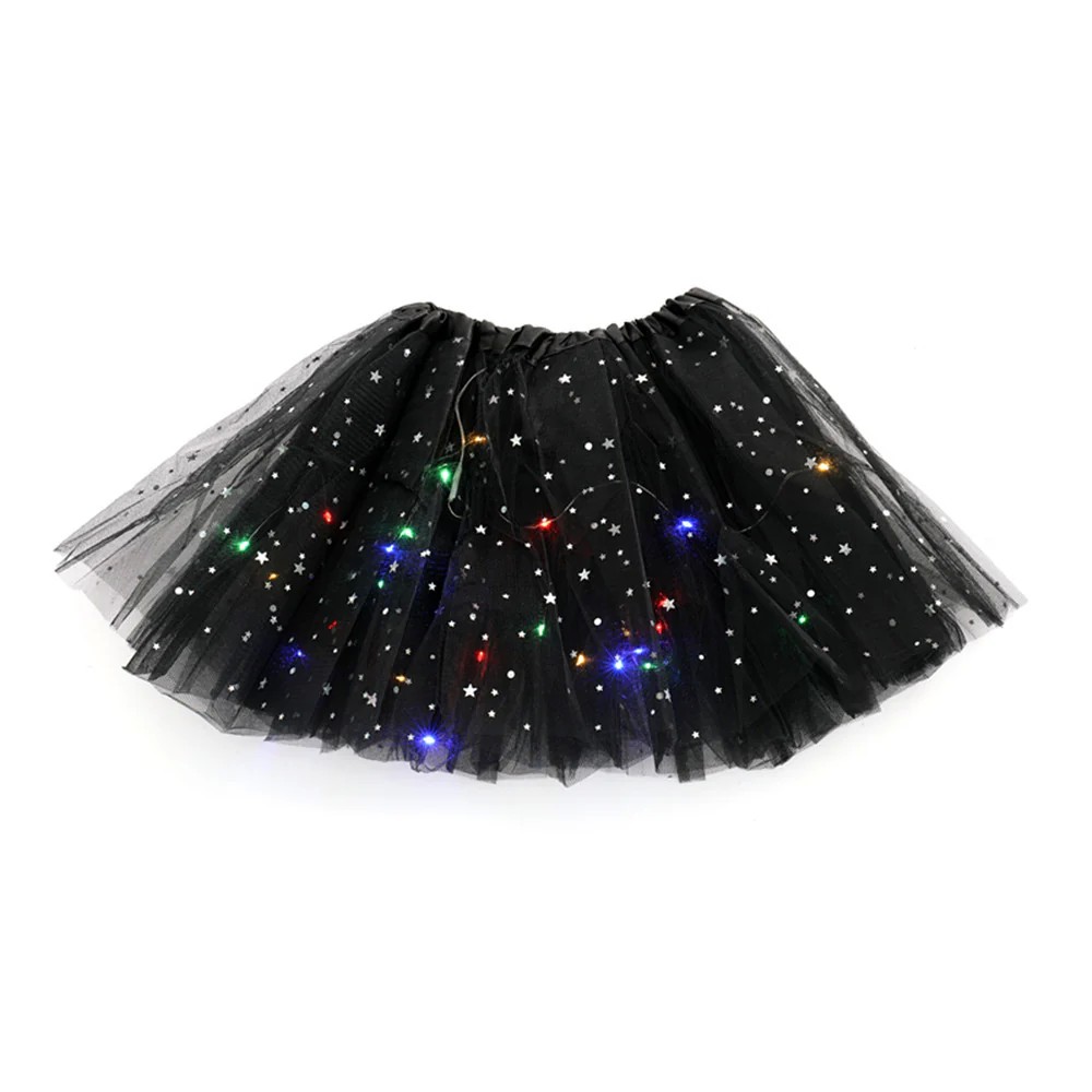 Fuste fete - Fusta LED pentru Copii, , Tutu de Balet pentru Fetite cu Luminite Multicolore Incorporate, Model Stelute, 30 cm Lungime, Negru