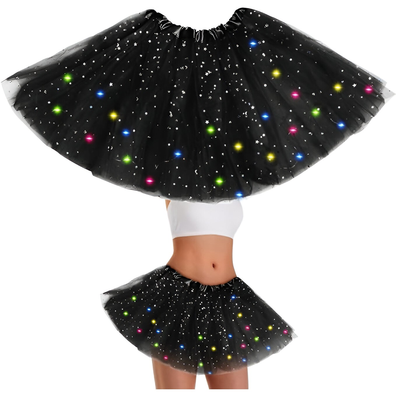 Fusta LED pentru Copii, , Tutu de Balet pentru Fetite cu Luminite Multicolore Incorporate, Model Stelute, 30 cm Lungime, Negru [3]