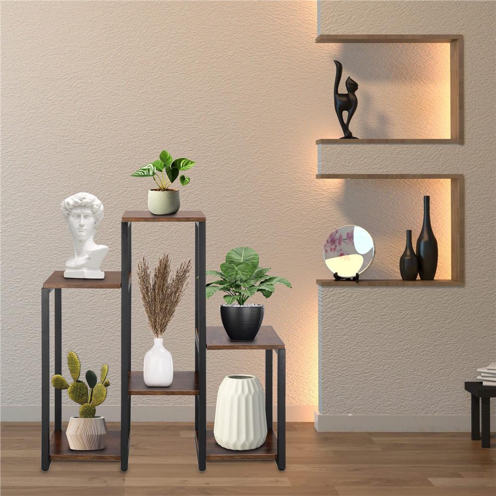 Suport pentru flori, 79x69x24 cm, negru/maro inchis – 6 rafturi, cadru metalic, design modern [9]