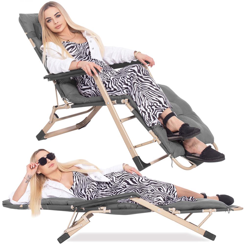 Sezlong pliabil cu perna si suport picioare reglabil, 176x66x92 cm, gri [21]