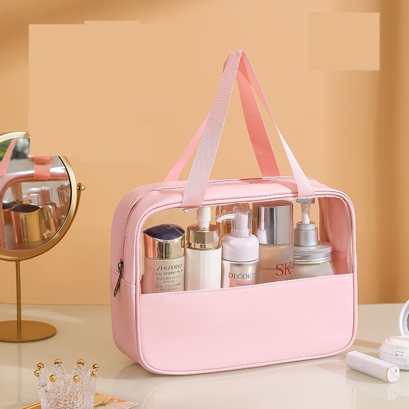 Geanta cosmetice , pentru voiaj sau organizare, material PVC/textil, impermeabila, portabila, 30 x 21 x 12 cm, roz [3]