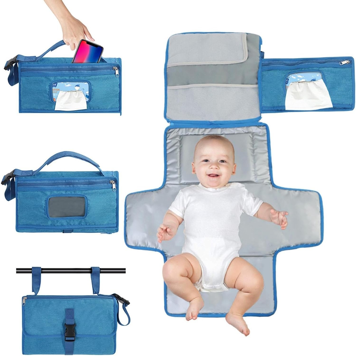 Articole pentru copii - Geanta Multifunctionala, , Tip Aleza de Schimbat Scutece, Impermeabila, din Panza Oxford, cu Buzunare, Usor de Agatat, 30 x 20 cm, Albastru