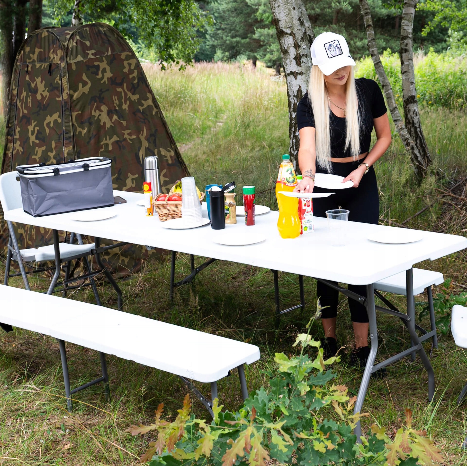 Banca pliabila, cu maner, HDPE si cadru metalic, 180x30x43 cm, alb/gri [9]