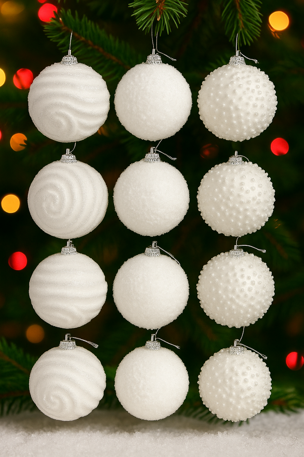 Set 12 globuri Craciun cu sclipici, 3 modele diferite, polistiren, diametru 8 cm, alb [7]