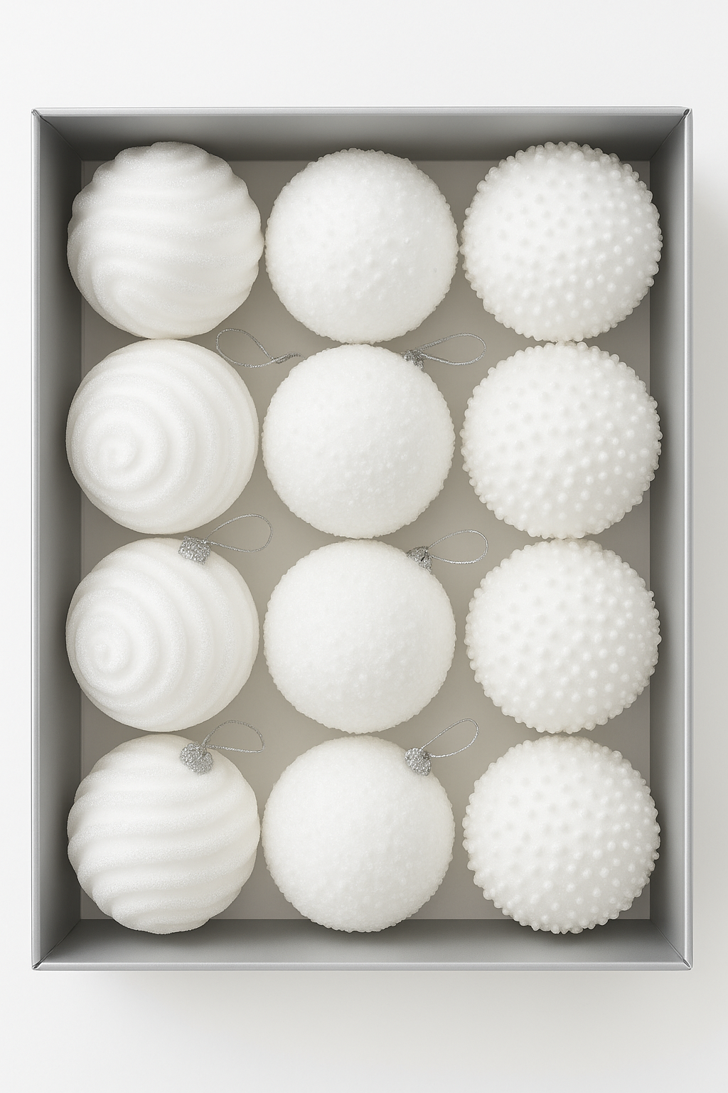 Set 12 globuri Craciun cu sclipici, 3 modele diferite, polistiren, diametru 8 cm, alb [9]