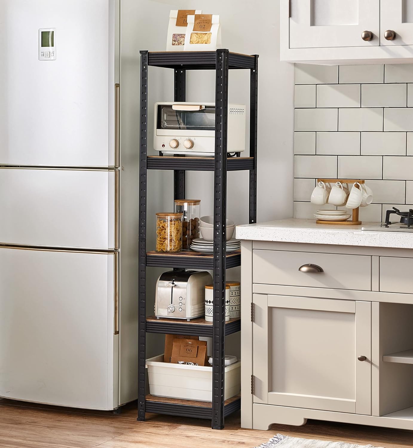 SONGMICS Etajera 5 rafturi ajustabile, structura metalica, stil industrial, MDF, 37x37x150 cm, maro si negru [5]