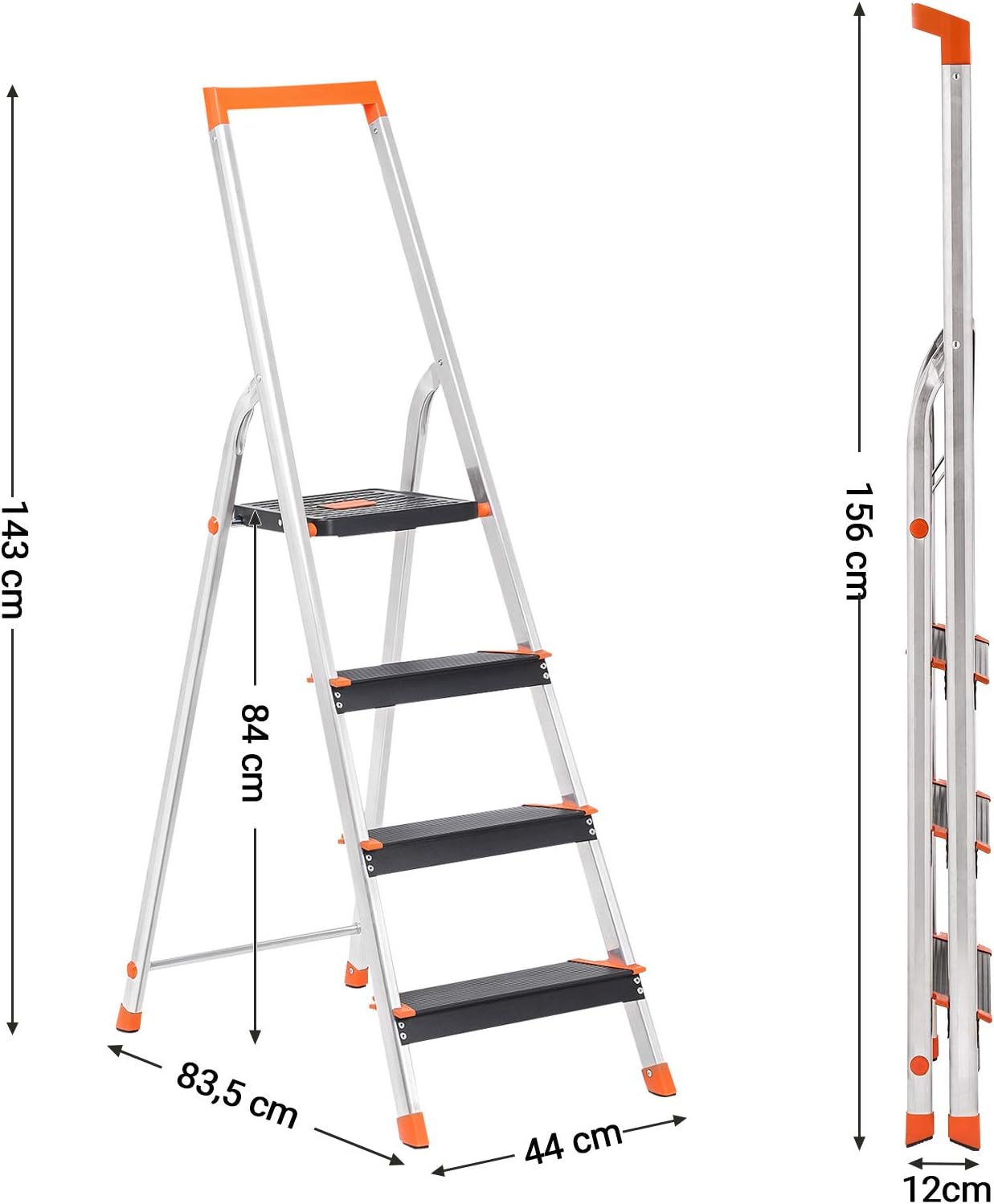 SONGMICS Scara aluminiu pliabila cu 4 trepte, latime trepte 12 cm, cu maner, sarcina 150 kg, 44x156 cm [2]
