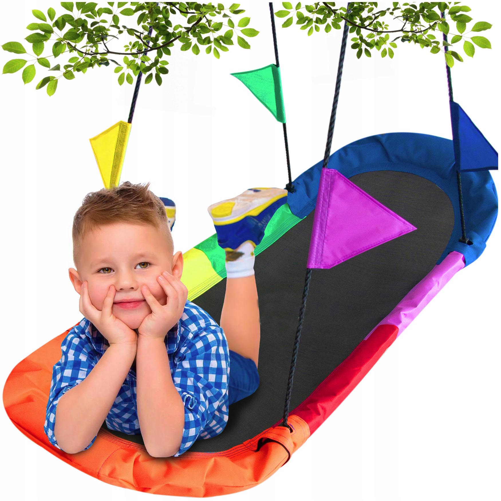 Leagan tip hamac 167x75 cm, cu rama metalica si steaguri colorate, prindere dubla, multicolor [6]