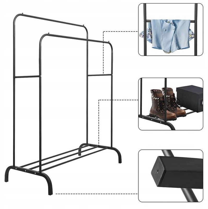 Suport metalic pentru haine 110x55x145 cm, cu bara dubla si raft pentru incaltaminte, negru [11]