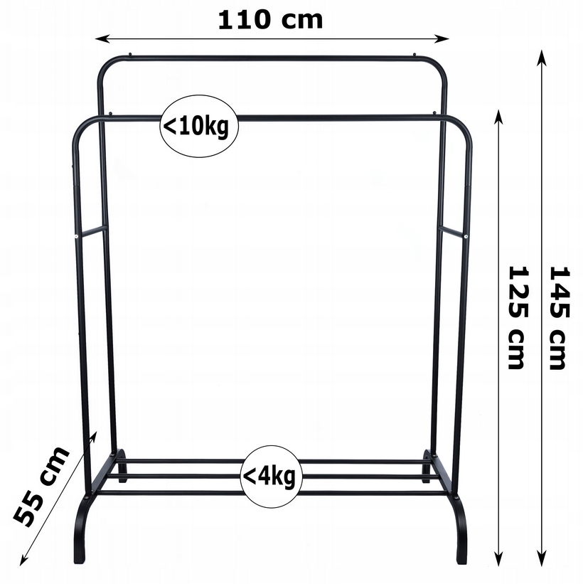 Suport metalic pentru haine 110x55x145 cm, cu bara dubla si raft pentru incaltaminte, negru [12]