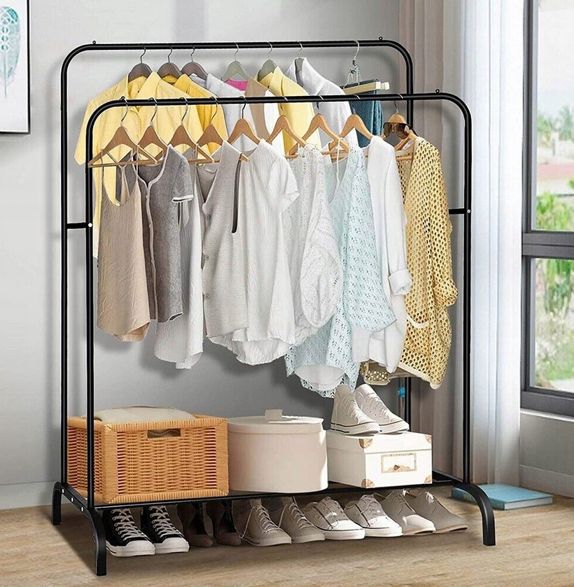 Suport metalic pentru haine 110x55x145 cm, cu bara dubla si raft pentru incaltaminte, negru [5]