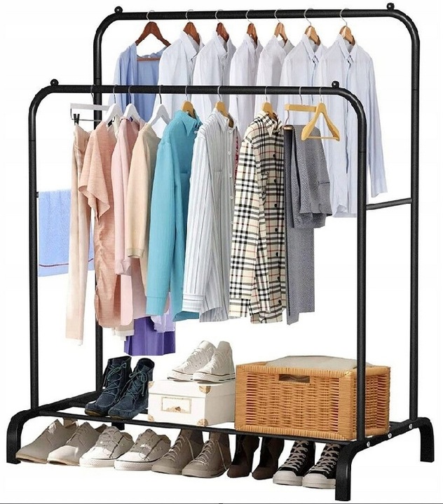 Suport metalic pentru haine 110x55x145 cm, cu bara dubla si raft pentru incaltaminte, negru [9]