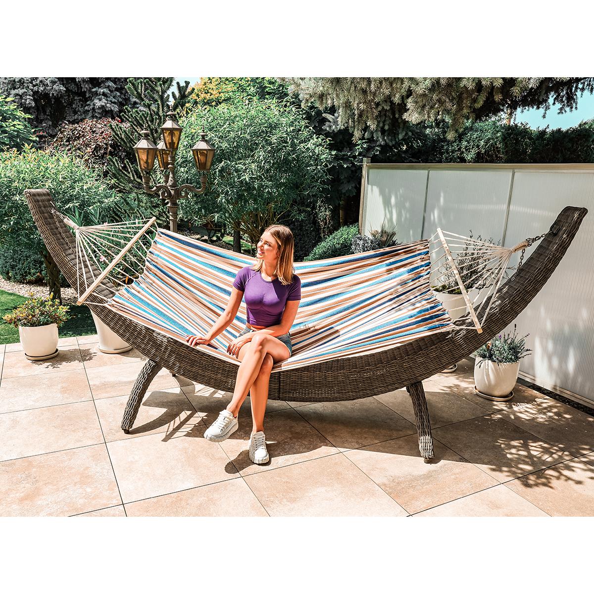 Hamac gradina cu bara din lemn, material textil, 120 kg, 200x100 cm, albastru si maro [2]