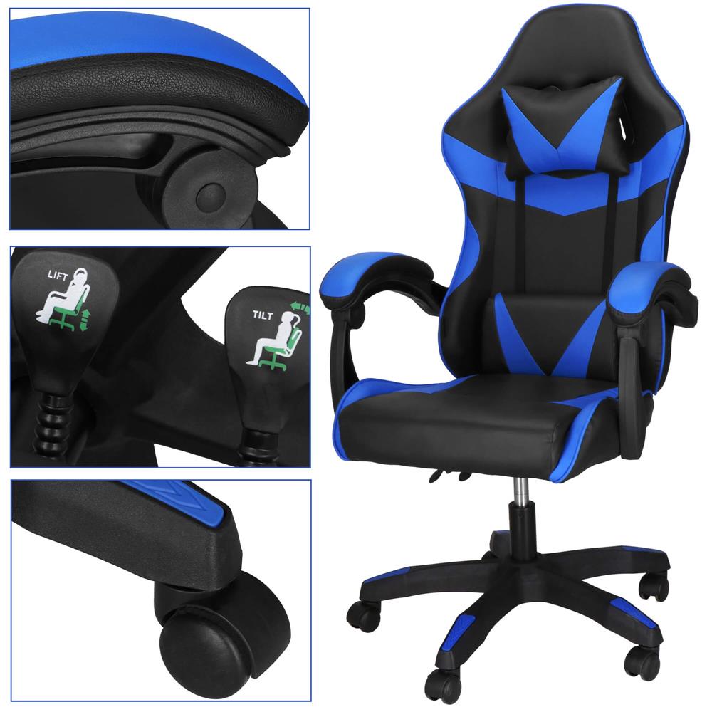 Scaun birou pentru gaming, ergonomic, suport lombar si tetiera, 114-123x55x50 cm, negru si albastru [11]