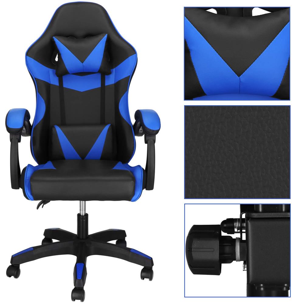 Scaun birou pentru gaming, ergonomic, suport lombar si tetiera, 114-123x55x50 cm, negru si albastru [12]