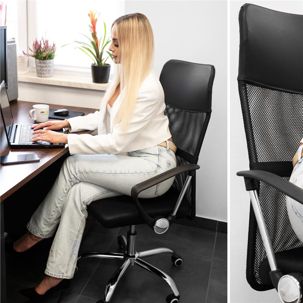 Scaun birou reglabil, ergonomic, cu spatar din microplasa respirabila si baza metalica cromata, 117x58x60 cm, negru [20]