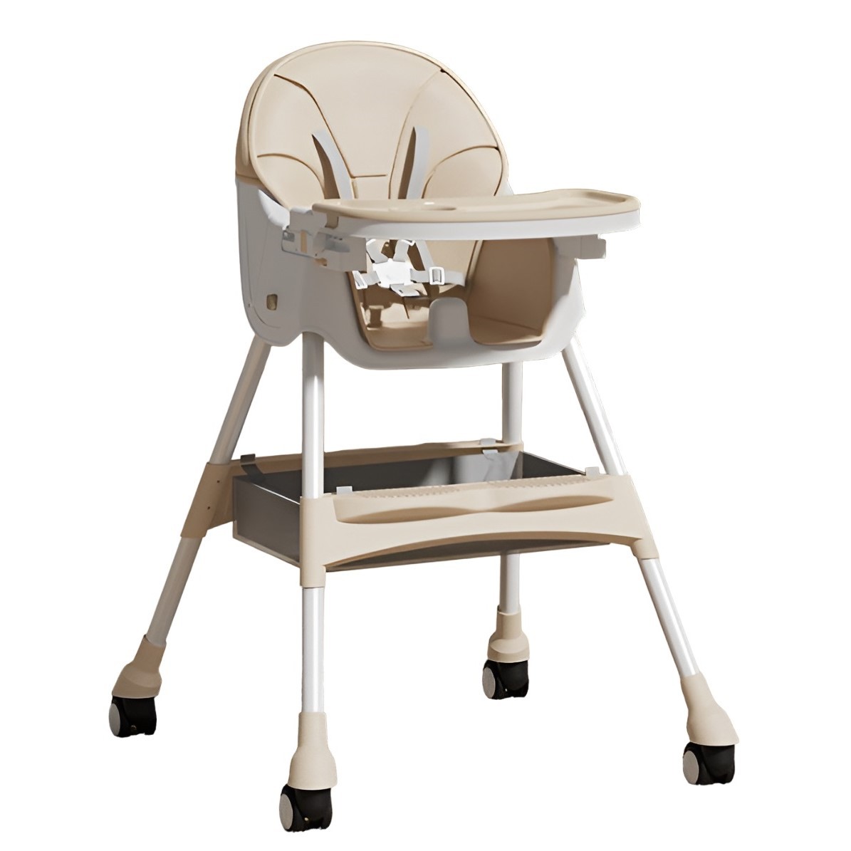 Scaune de masa bebe - Scaun de Masa pentru Bebelusi si Copii, , cu Roti, Telescopic, Pliabil, Masuta Reglabila, Suport Picioare, Scaun cu Invelis Piele Artificiala, Centura Siguranta, Spatiu Depozitare, 97x73x65 cm, Bej