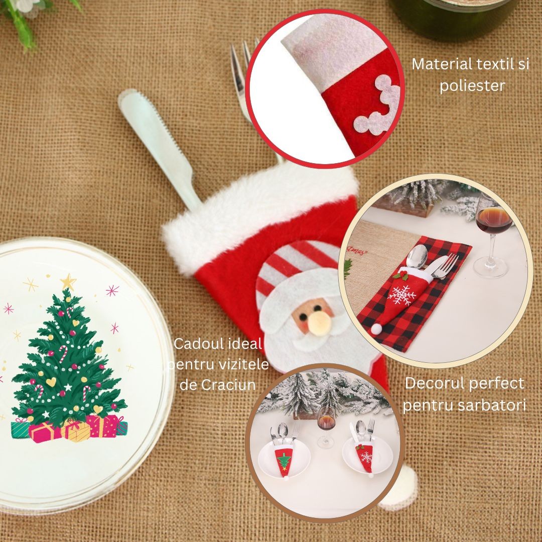 Husa decorativa festiva pentru 3 tacamuri , model caciulita cu Mos Craciun, material textil si poliester, 19 x 10 cm, rosu [2]