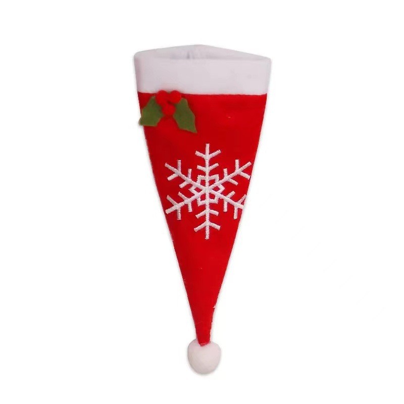 Articole Craciun Bucatarie - Husa decorativa festiva pentru 3 tacamuri , model caciulita cu fulg, material textil si poliester, 18 x 7 cm, rosu