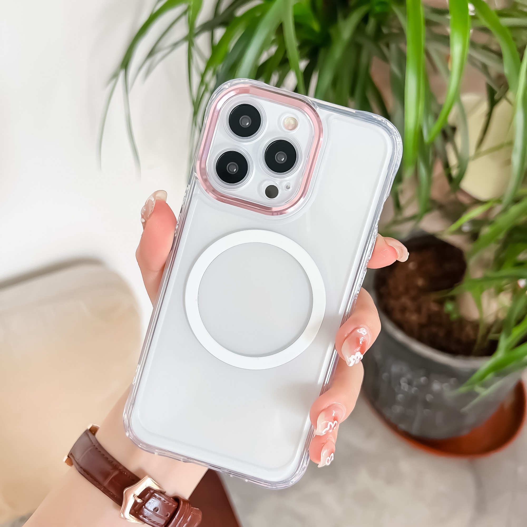 Husa MagSafe Silicone pentru iPhone 12, , Transparenta, Magnetica, Extra Protectie Camera Roz [2]