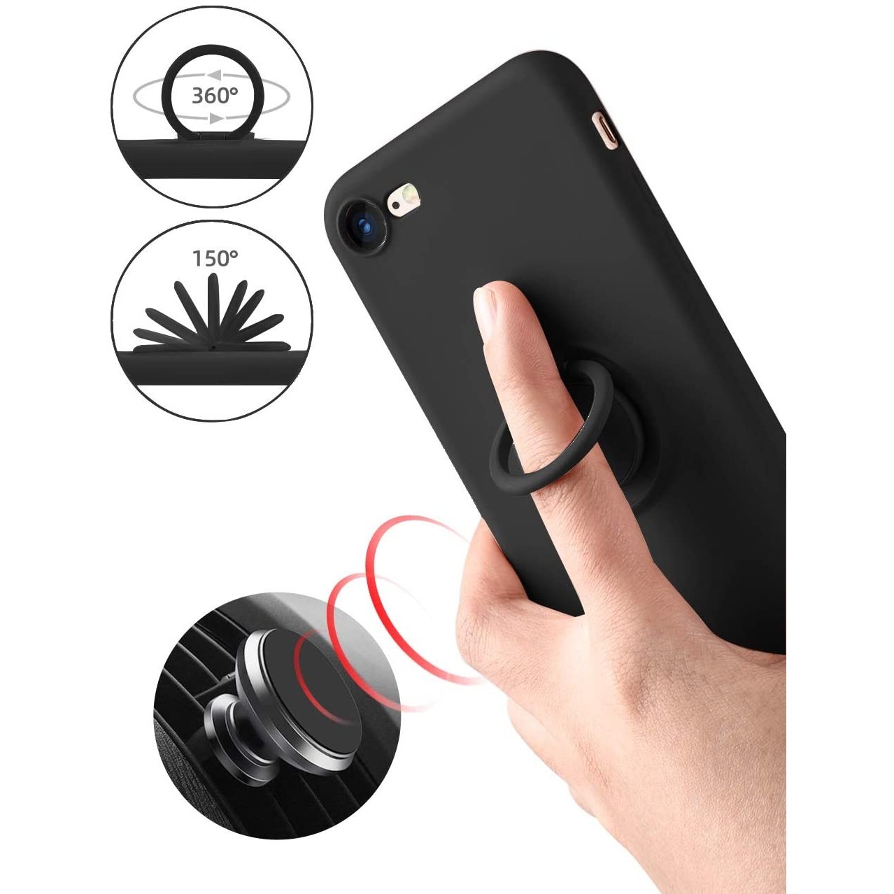 Husa protectie compatibila cu Apple iPhone 7/8/SE 2020 Liquid Silicone Ring cu suport rotativ Negru [4]