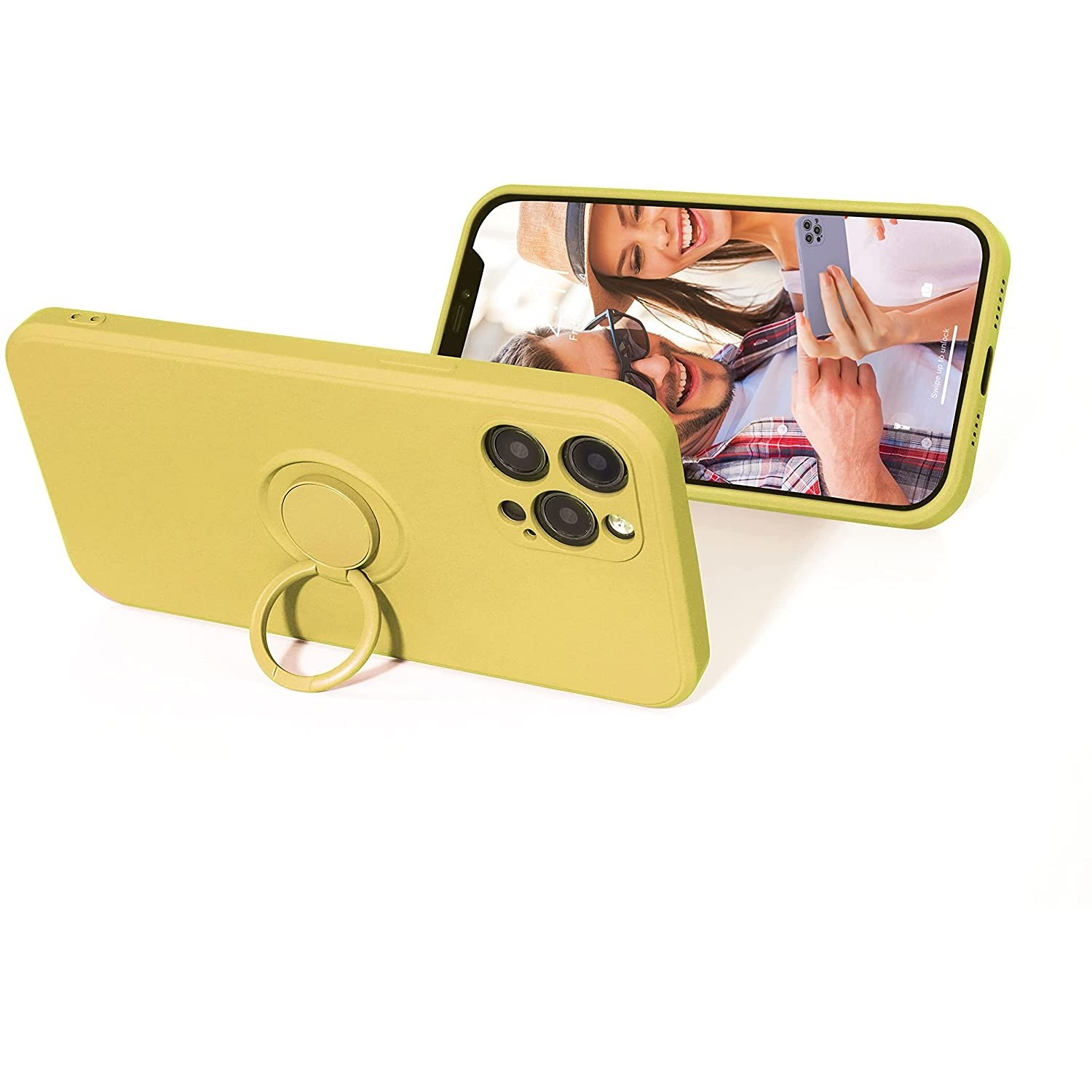 Husa protectie compatibila cu Apple iPhone 12 Pro Max Liquid Silicone Ring cu suport rotativ Galben [2]