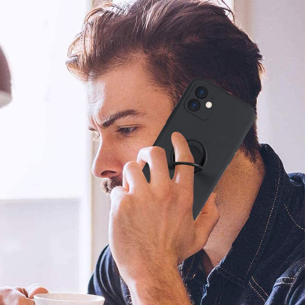 Husa protectie compatibila cu Apple iPhone 12 Mini Liquid Silicone Ring cu suport rotativ Negru [3]