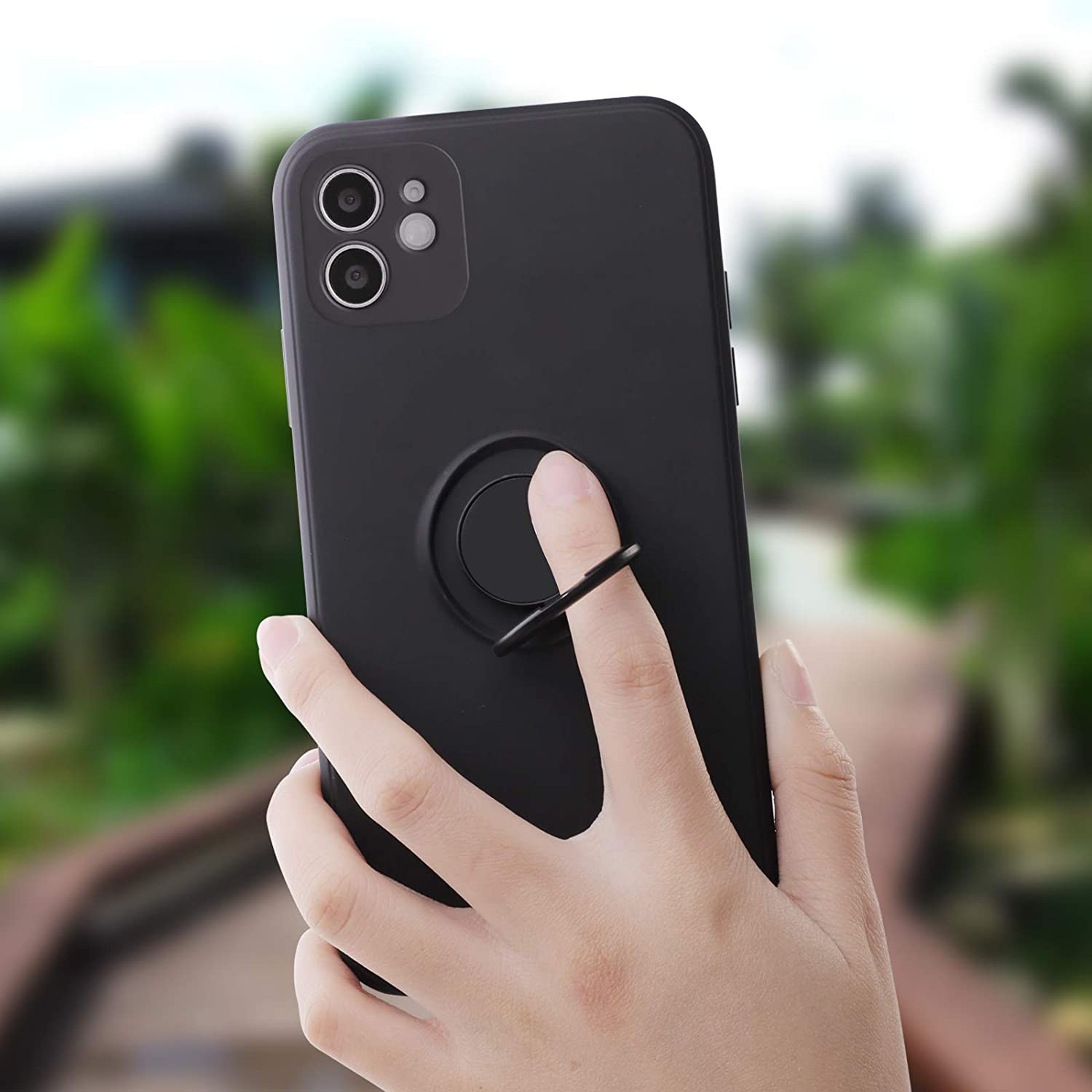 Husa protectie compatibila cu Apple iPhone 12 Mini Liquid Silicone Ring cu suport rotativ Negru [6]